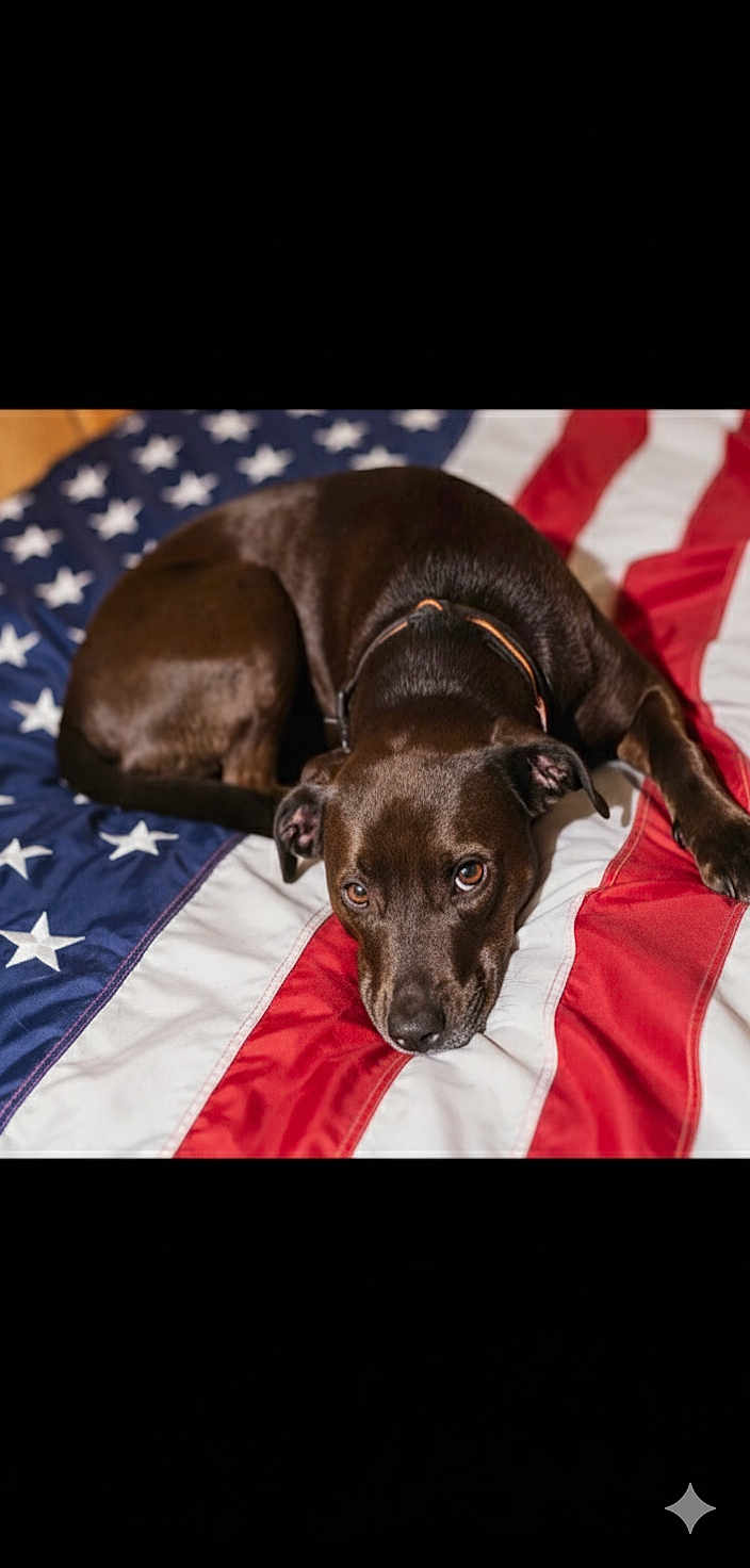 Lily Bug joined the competition — help win amazing prizes! dog, brown_dog, lying_down, american_flag, patriotic, pet, animal, canine, collar, indoor, resting, looking_up, ears, fur, sleepy, cute, domestic_animal, companion, relaxed, portrait