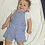 Nathan is registered to the contest to win money with this photo: baby, blanket, blue_clothing, child, curly_hair, cute, cute_expression, happy, indoor, infant, lying_down, overalls, person, portrait, skin, smiling, soft_texture, toddler, white_shirt, young_child