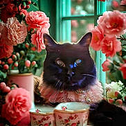 Nellie joined the competition — help win amazing prizes! cat, black_cat, flowers, pink_flowers, teacups, vintage, garden, window, decorative, indoor, still_life, pet, whiskers, portrait, floral, table, closeup, soft_focus, ornate, relaxing
