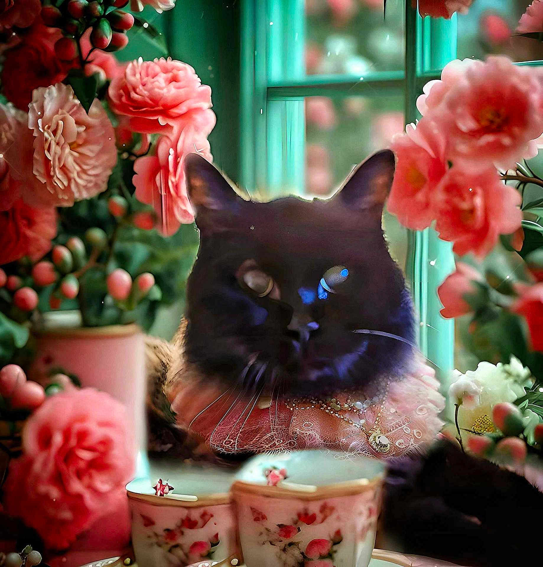 Nellie joined the competition — help win amazing prizes! cat, black_cat, flowers, pink_flowers, teacups, vintage, garden, window, decorative, indoor, still_life, pet, whiskers, portrait, floral, table, closeup, soft_focus, ornate, relaxing