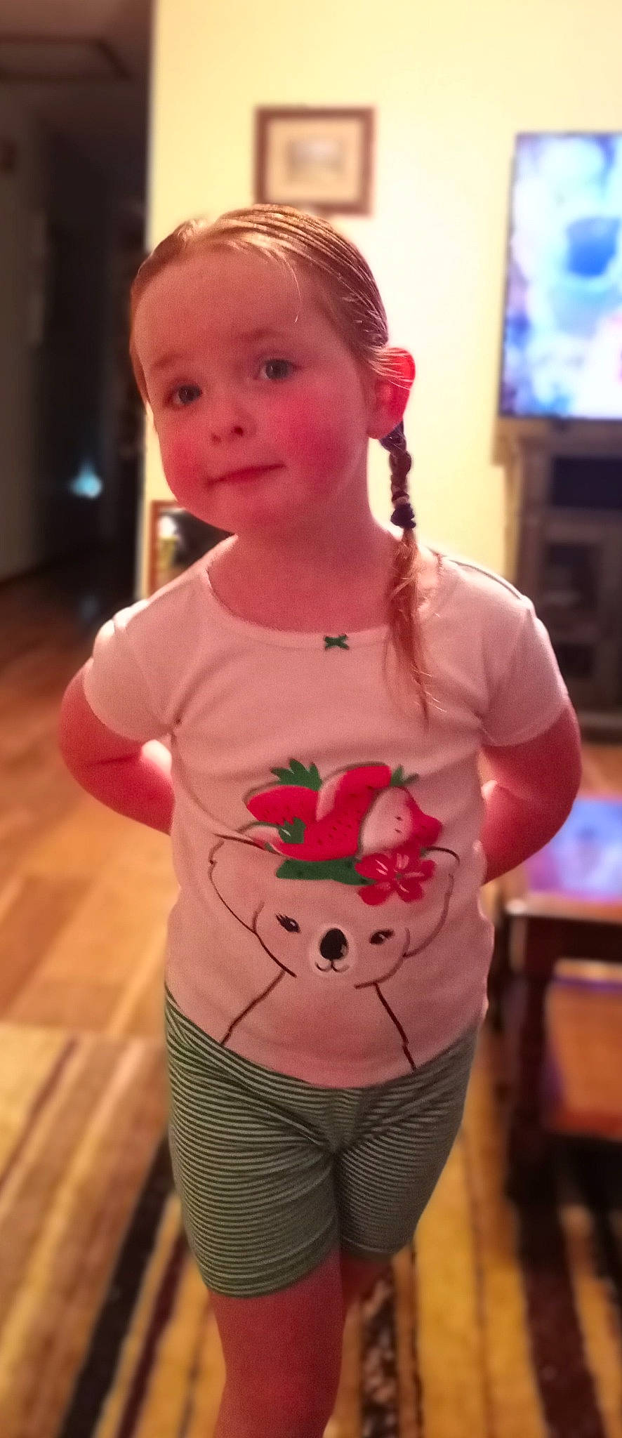 Natalee is registered to the contest to win money with this photo: baby_toddler_clothing, cheek, chest, child, event, hairstyle, happy, lip, magenta, neck, pattern, person, pink, plant, skin, sleeve, smile, t_shirt, television, toddler