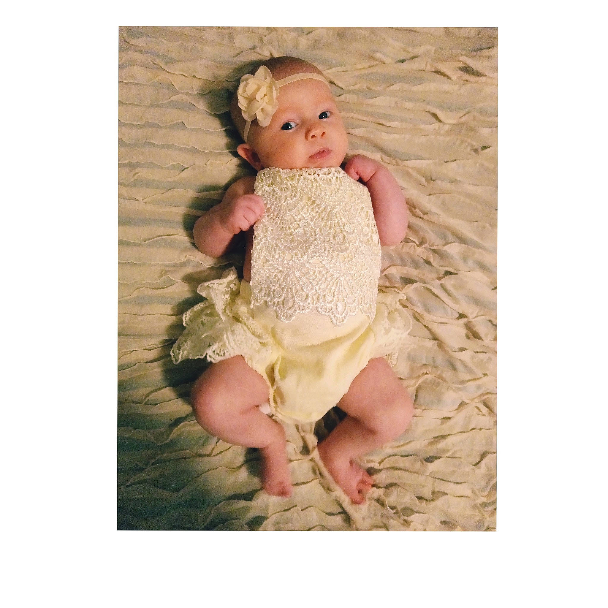 Malia joined the competition — help win amazing prizes! arm, baby_toddler_clothing, day_dress, dress, embellishment, fashion_design, fawn, flash_photography, hand, headwear, human_body, human_leg, knee, leg, linens, pattern, peach, person, sleeve, thigh