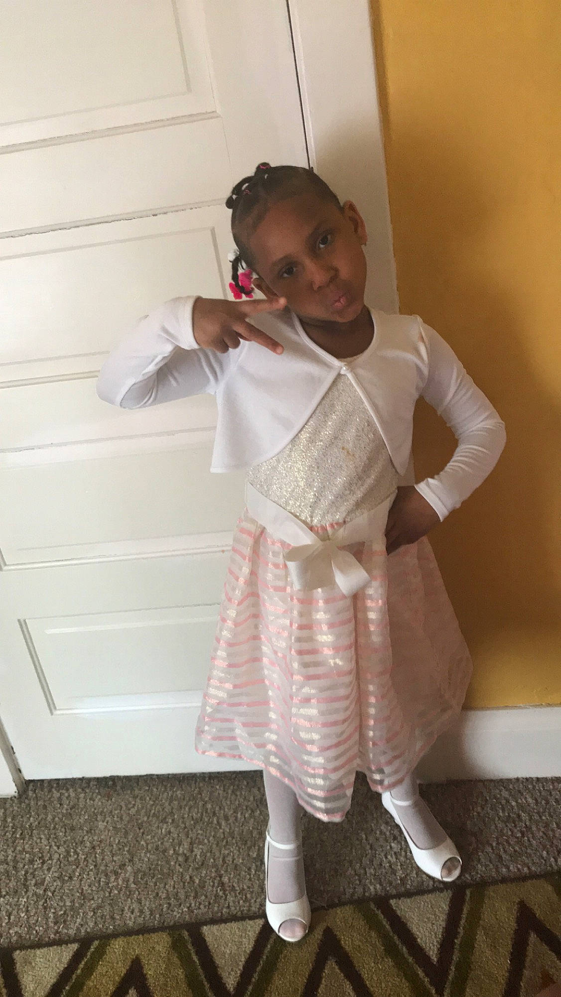 Lailah joined the competition — help win amazing prizes! baby, child, clothing, costume, dress, outerwear, person, pink, room, toddler, white