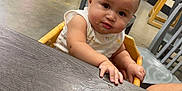 Khaza Dixon joined the competition — help win amazing prizes! baby, background, casual, chair, child, clothing, counter, curious, drink, expression, face, floor, food, high_chair, indoor, person, plastic_cup, restaurant, straw, table