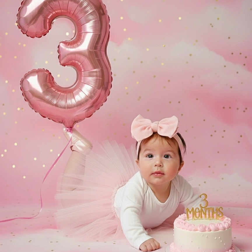 Zainab Siblini is registered to the contest to win money with this photo: baby, balloon, birthday, bow, cake, celebration, confetti, cute, floor, girl, happy, headband, infant, number_3, pink, portrait, smiling, studio, tutu, white_top