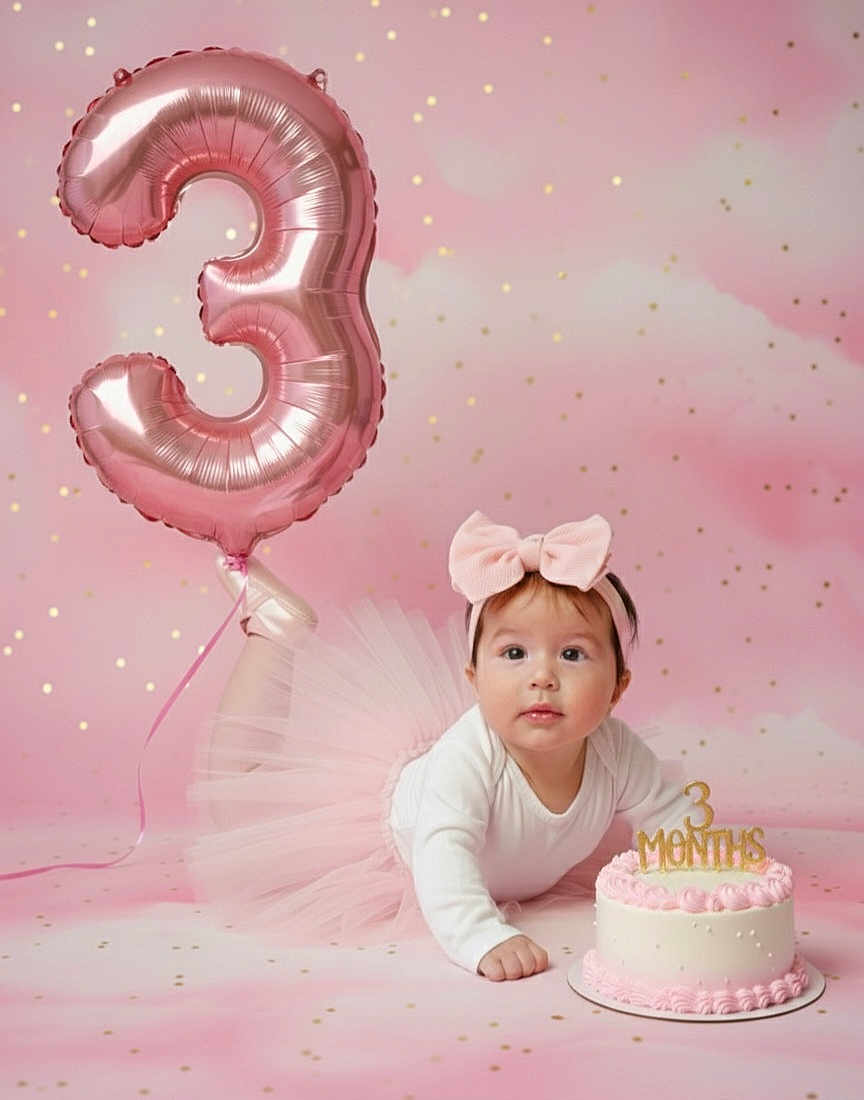 Zainab Siblini is registered to the contest to win money with this photo: baby, girl, pink, tutu, bow, balloon, number_3, cake, birthday, celebration, confetti, white_top, headband, smiling, cute, portrait, studio, floor, infant, happy
