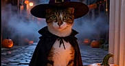 Stitch a rejoint le concours — aidez-le/la à gagner de superbes lots ! animal, black_cape, cape, cat, celebration, cobblestone_street, costume, face, festive, fog, halloween, holiday, jack_o_lantern, night, orange_light, outdoor, pet, pumpkin, spooky, witch_hat