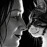 black_and_white, woman, cat, face, profile, close_up, nose_to_nose, intimacy, pet, tabby_cat, portrait, whiskers, animal, human, affection, love, monochrome, soft_light, expression, connection