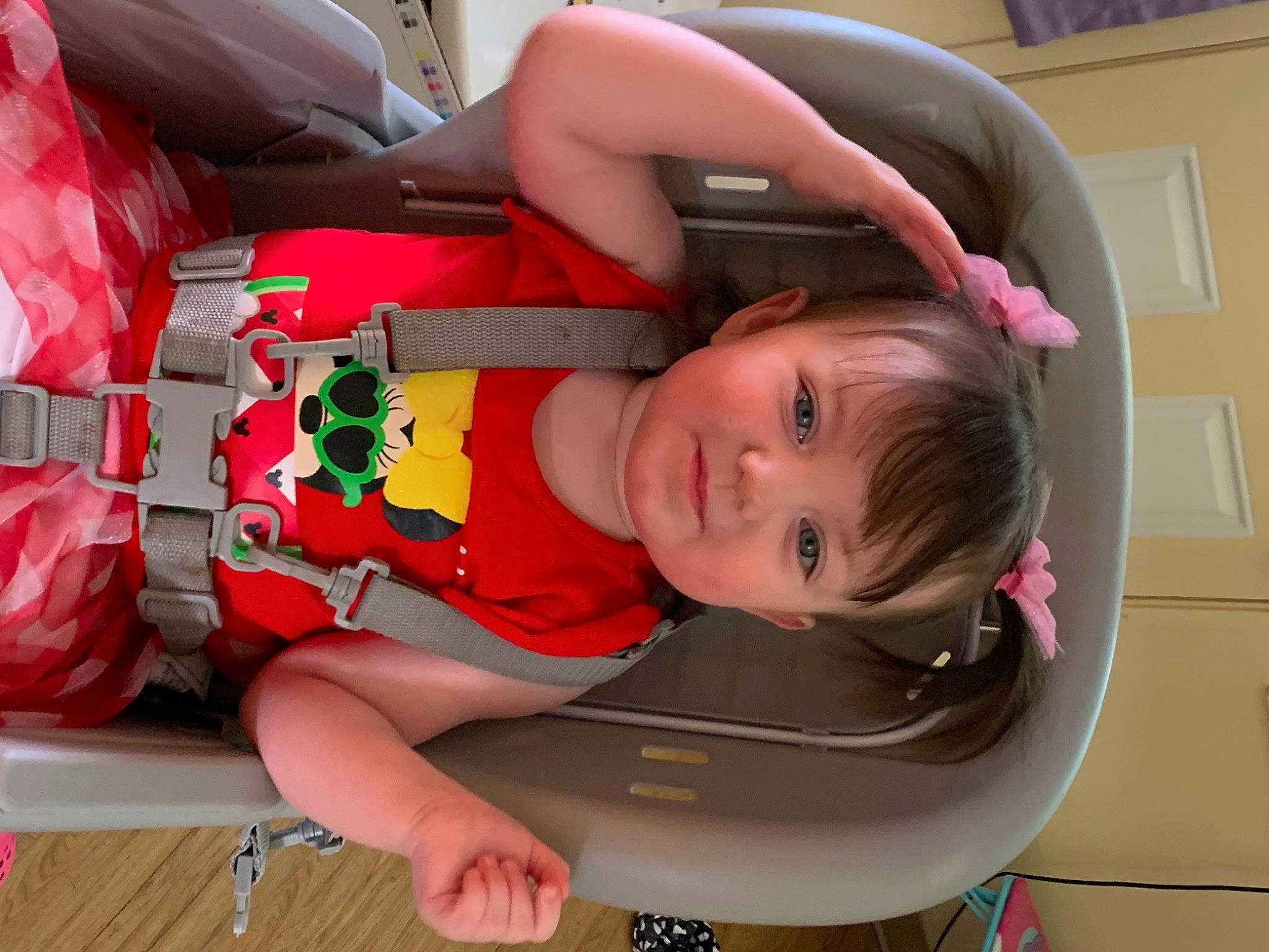 Lillyanna is registered to the contest to win money with this photo: auto_part, baby, baby_carriage, baby_products, baby_toddler_clothing, car_seat, carmine, child, event, face, fun, happy, human_leg, joy, lap, mouth, person, room, sitting, thigh