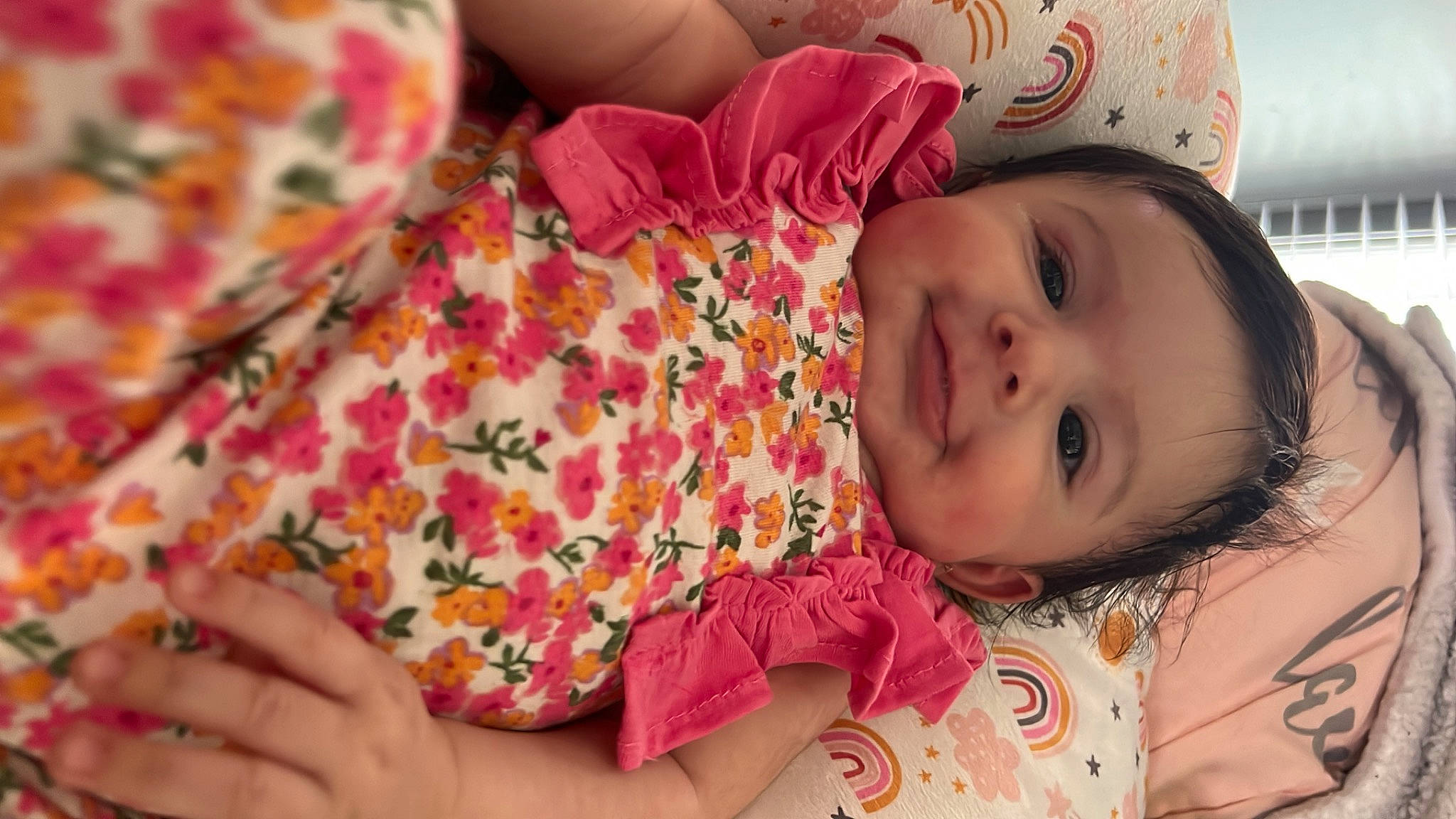 Leilani joined the competition — help win amazing prizes! baby, baby_toddler_clothing, cheek, child, eye, facial_expression, finger, hand, happy, head, iris, lip, mouth, nose, person, pink, plant, skin, sleeve, smile