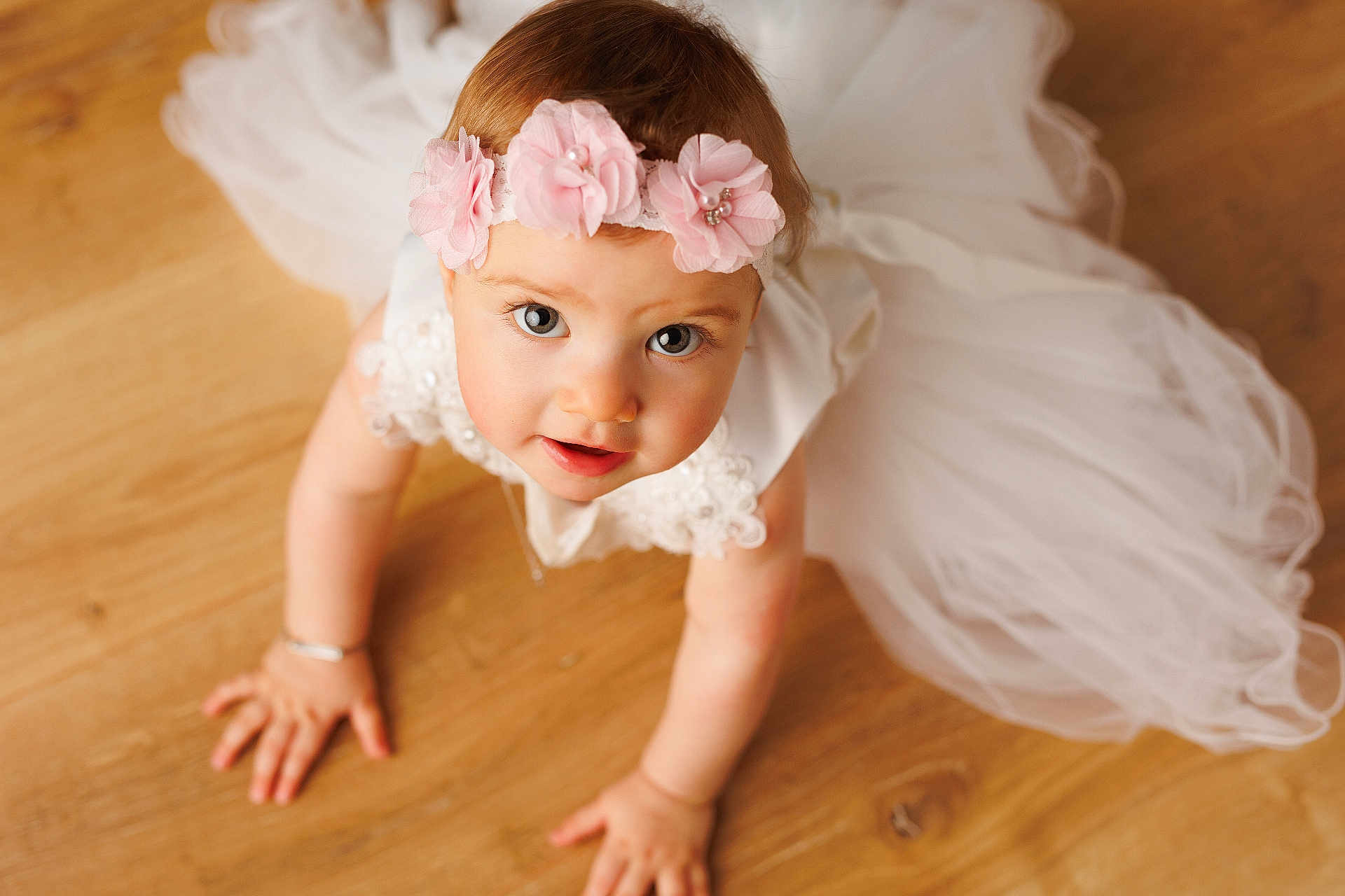 Klarys participe au concours pour gagner de l'argent avec cette photo : baby, child, girl, crawling, white_dress, headband, flower, pink, wooden_floor, curious, wide_eyes, cute, portrait, indoors, soft_light, closeup, infant, happy, person, toddler