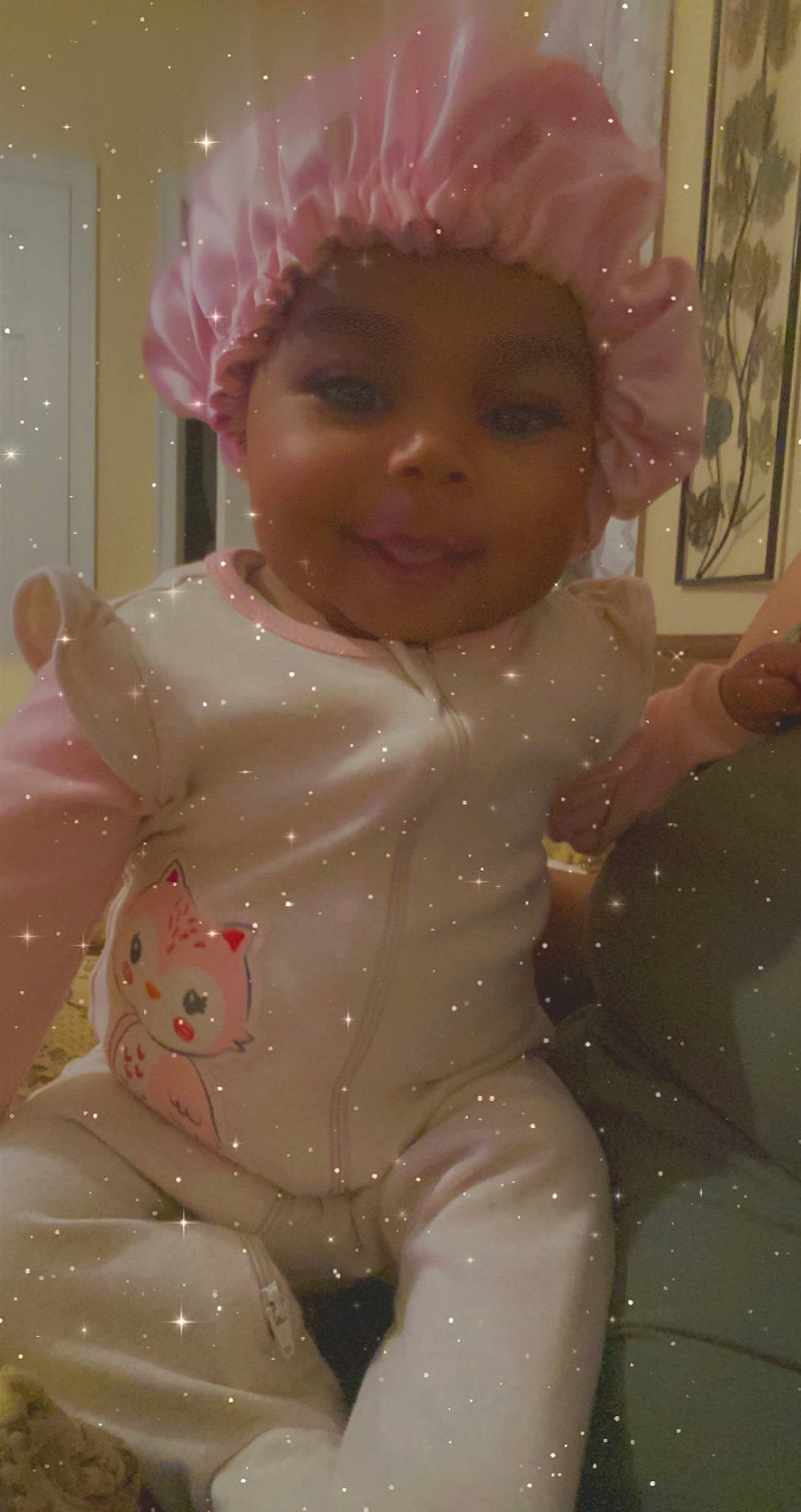 Carlee joined the competition — help win amazing prizes! baby, baby_bathing, baby_laughing, baby_products, baby_toddler_clothing, cheek, child, child_model, costume_accessory, embellishment, hair_accessory, happy, headband, headpiece, lavender, person, pink, stomach, toddler