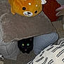 cat, black_cat, plush_toy, cushion, pillow, carpet, indoor, furniture, blanket, bed, peeking, glowing_eyes, cozy, soft_toys, home, cute, animal, pet, hiding, dark