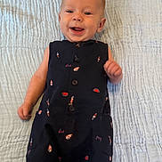 Kash is registered to the contest to win money with this photo: baby, smiling, infant, blue_blanket, navy_outfit, rocket_pattern, watermelon_pattern, lying_down, happy, cute, child, one_person, indoors, textured_blanket, clothing, portrait, small_child, human, baby_clothes, joyful