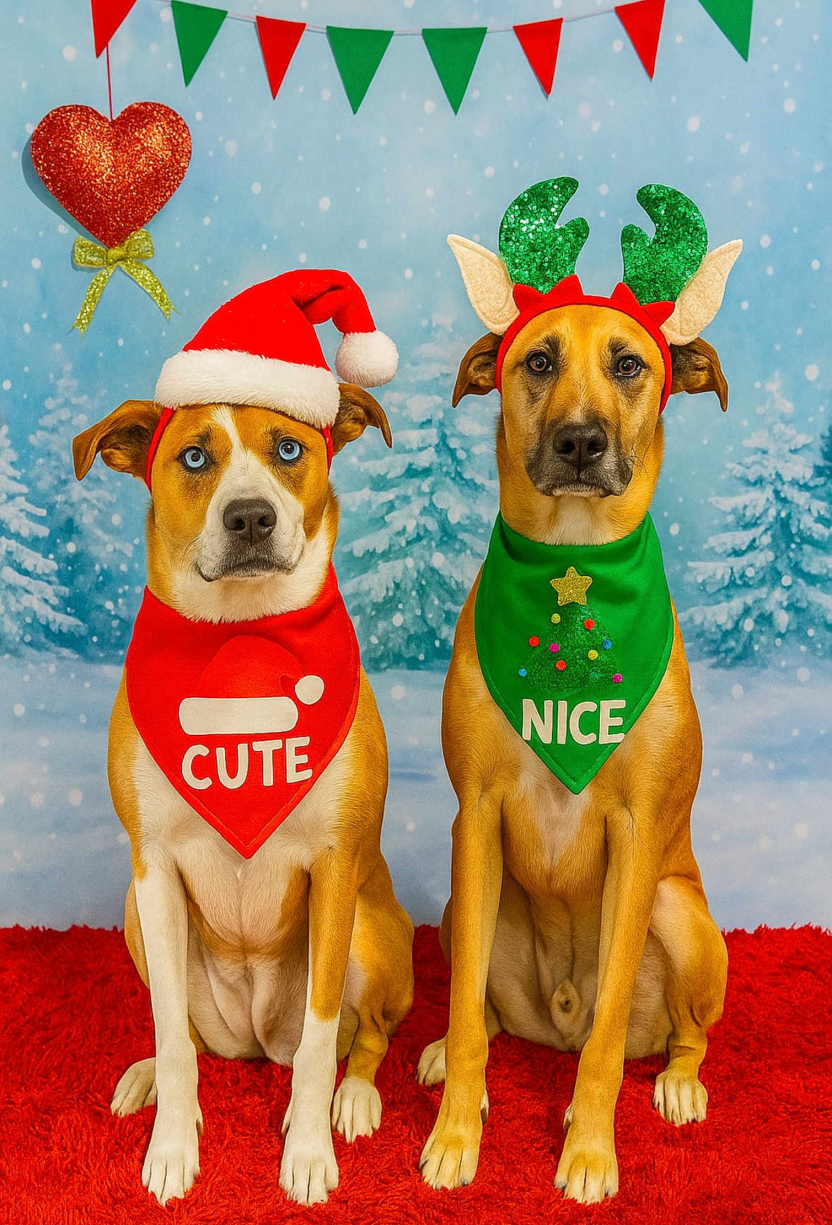 Ozzie And Harley is registered to the contest to win money with this photo: dog, christmas, holiday, festive, red_hat, reindeer_antlers, bandana, cute, nice, pet, portrait, indoor, decorations, winter, carpet, two_dogs, animal, costume, celebration, background