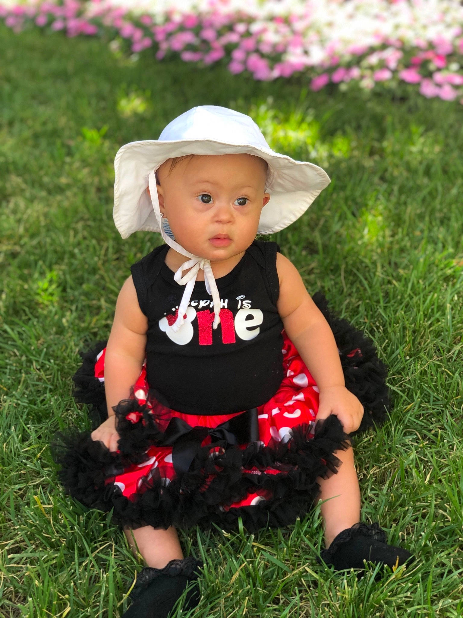 Aaleyah joined the competition — help win amazing prizes! baby, baby_products, baby_toddler_clothing, child, child_model, clothing, costume, costume_accessory, dress, fashion_accessory, flower, grass, hat, headgear, headwear, pattern, person, pink, plant, surprise