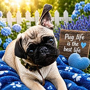 Harley joined the competition — help win amazing prizes! adorable, animal, blanket, blue, closeup, cute, dog, ear, fence, flower, garden, grass, head_tilt, heart, outdoor, pet, pug, puppy, sign, sunlight