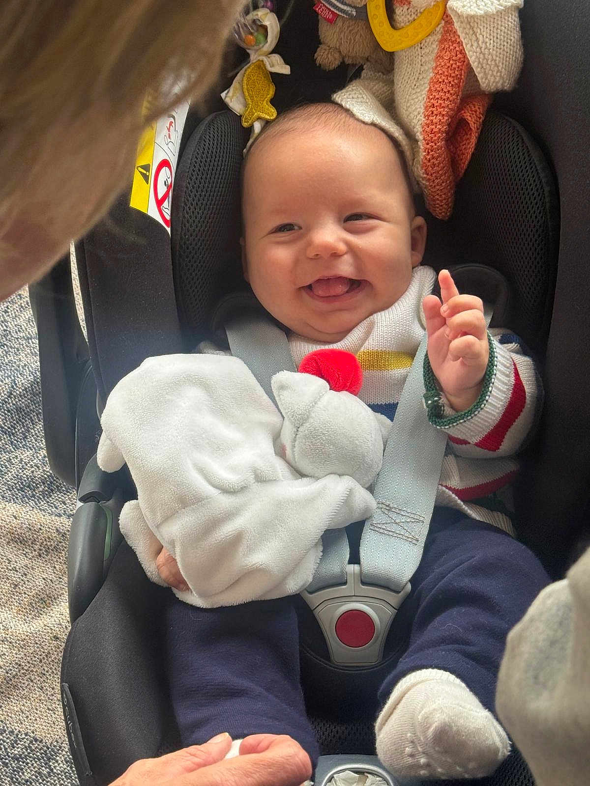 Joshua participe au concours pour gagner de l'argent avec cette photo : baby, car_seat, smiling, plush_toy, blanket, hand, clothing, socks, seatbelt, infant, child, person, happy, indoors, closeup, cute, safe, care, comfort, joy