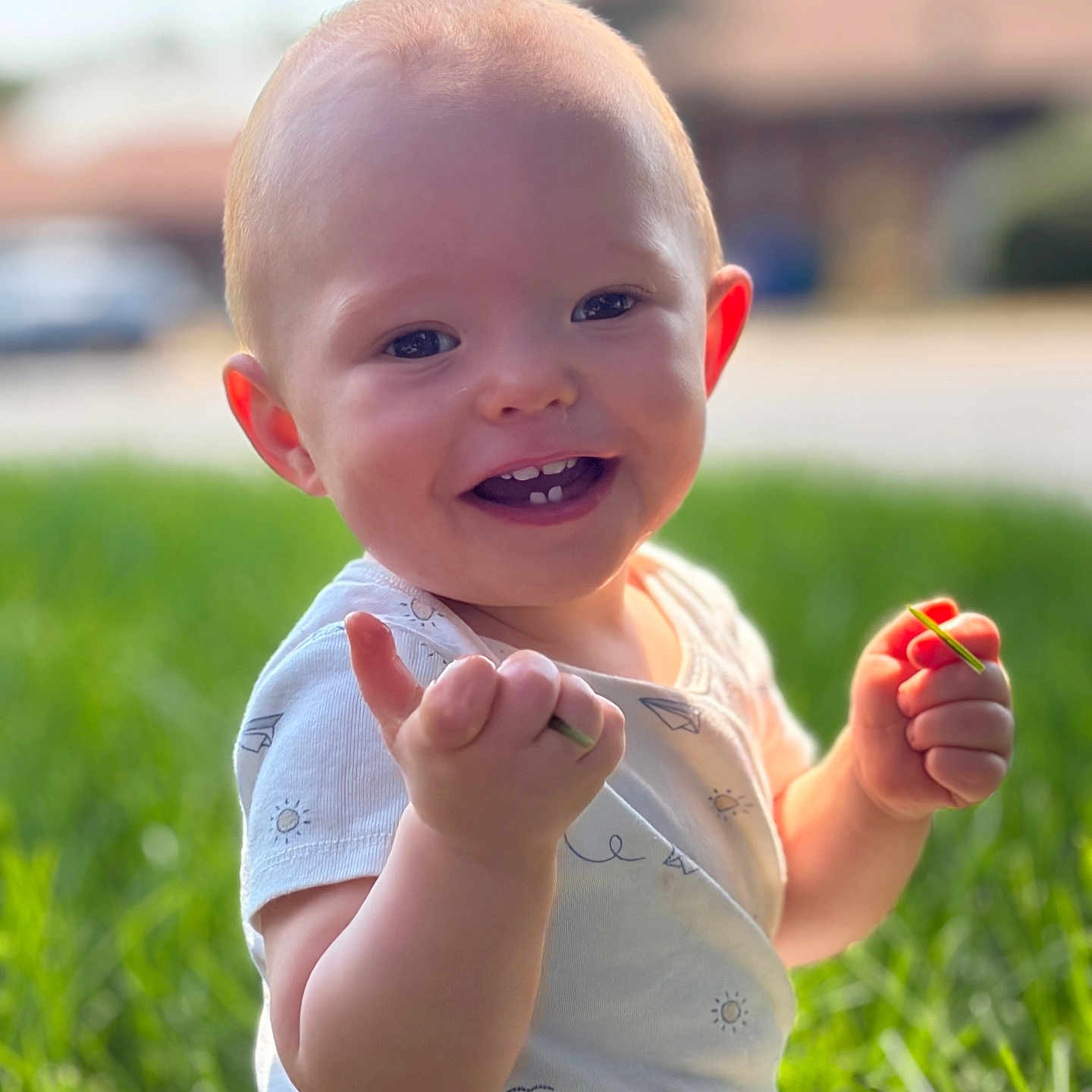 Atticus is registered to the contest to win money with this photo: baby, smiling, grass, outdoor, child, hands, happy, sunlight, face, head, nature, daylight, greenery, cute, portrait, young_child, casual_clothing, sitting, skin, expression