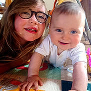 Maialen participe au concours pour gagner de l'argent avec cette photo : baby, child, closeup, crawling, cute, face, family, glasses, hand, happy, indoor, infant, person, play_mat, playful, portrait, sibling, smile, toddler, young