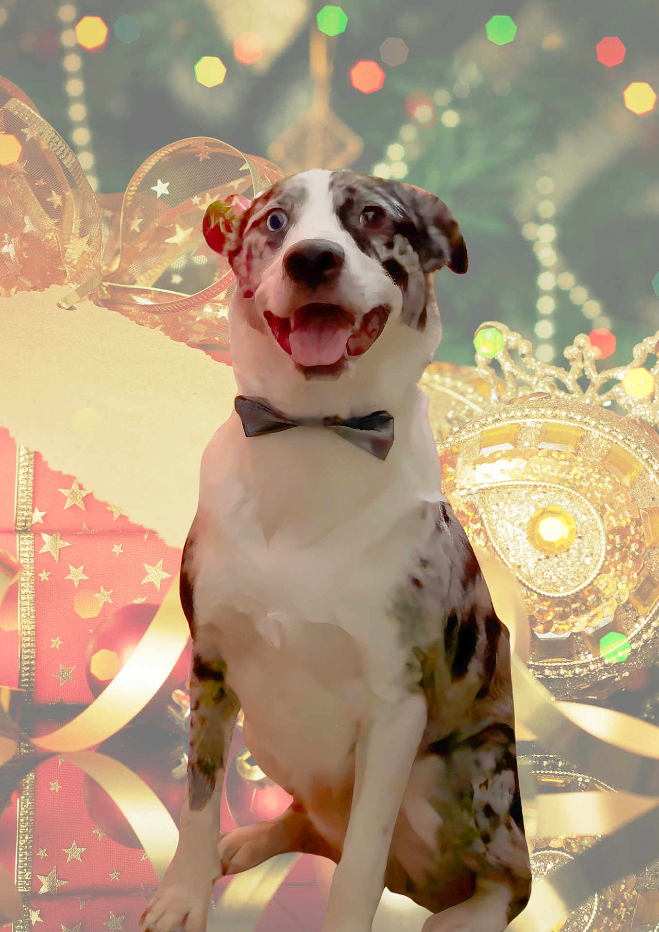 Oscar a rejoint le concours — aidez-le/la à gagner de superbes lots ! dog, bow_tie, holiday, christmas, ornament, ribbon, festive, celebration, pet, smiling, decorations, background, sitting, cute, animal, portrait, indoor, happy, dog_face, christmas_tree