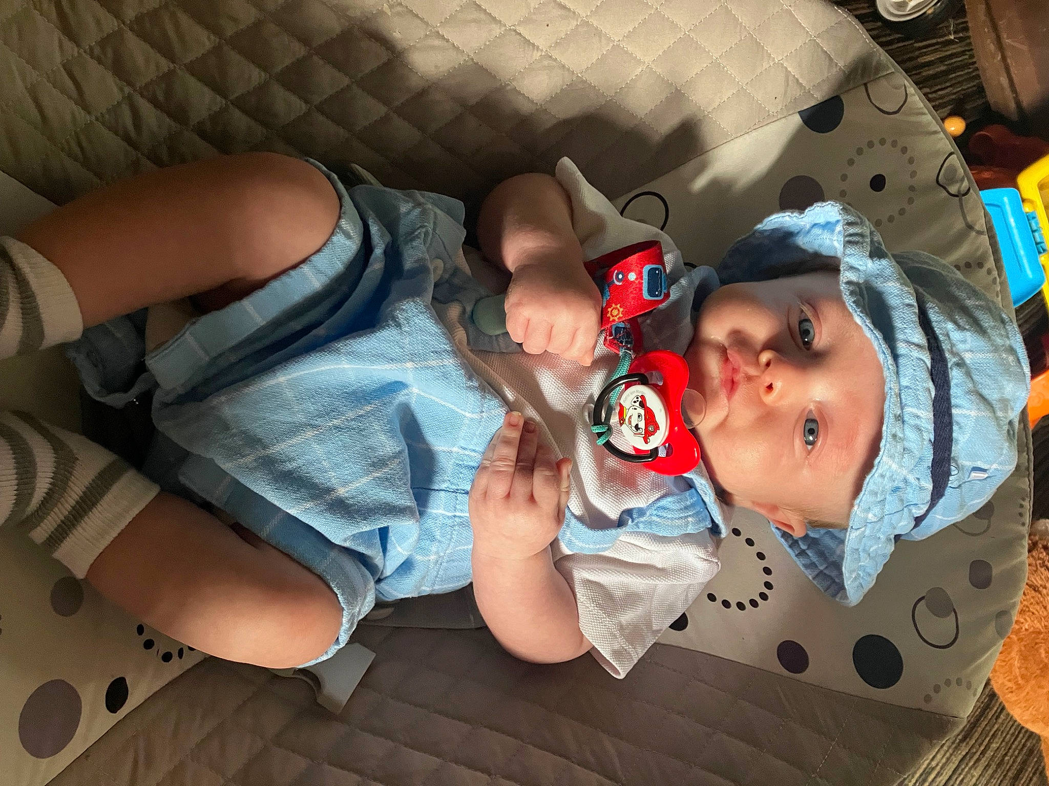 Avery joined the competition — help win amazing prizes! baby, baby_products, baby_toddler_clothing, cap, car_seat, carmine, child, comfort, cool, fashion_accessory, fun, happy, hat, headwear, human_leg, lap, pattern, person, personal_protective_equipment, thigh