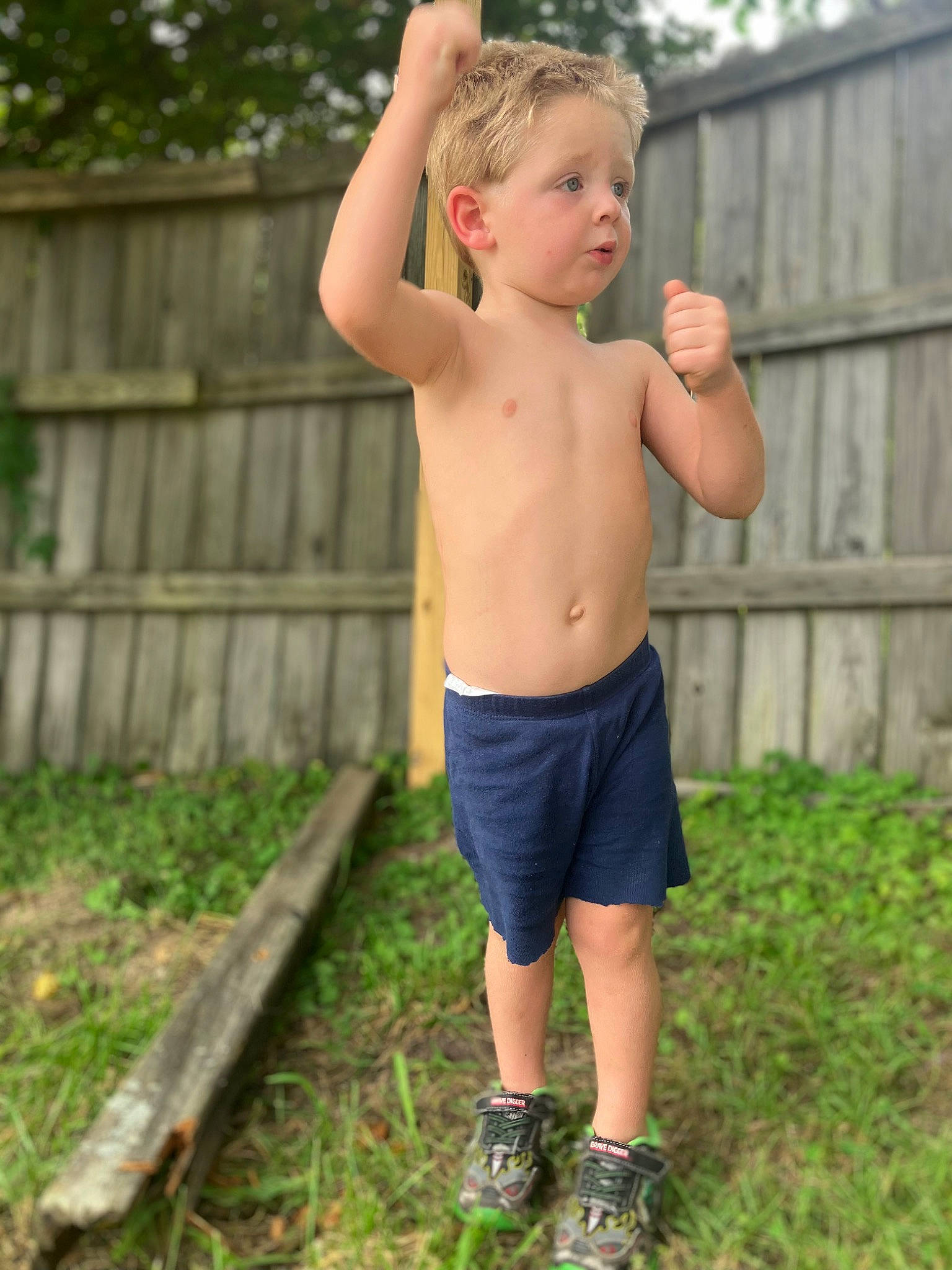 Dallas is registered to the contest to win money with this photo: abdomen, barechested, chest, face, grass, happy, human_leg, knee, leisure, people_in_nature, person, plant, recreation, shorts, surprise, t_shirt, thigh, toddler, tree, trunk