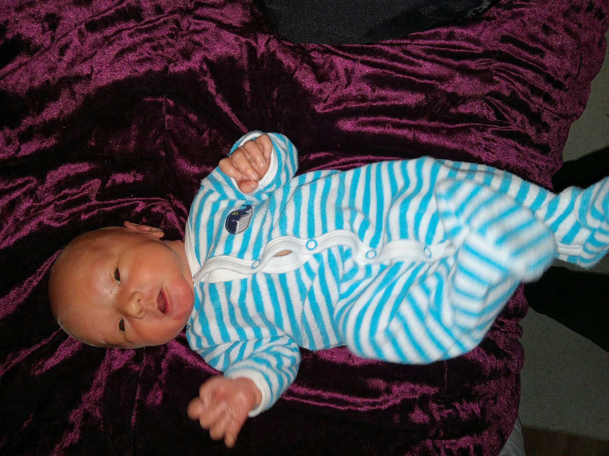 Brayson is registered to the contest to win money with this photo: baby, baby_products, baby_toddler_clothing, cheek, child, comfort, electric_blue, linens, magenta, pattern, person, pink, purple, room, sitting, sleeve, sock, t_shirt, toddler, tree