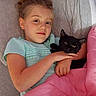 Oscar joined the competition — help win amazing prizes! child, girl, black_cat, bed, blanket, pink_blanket, indoor, relaxing, casual_clothing, comfort, pet, animal, resting, cuddling, portrait, home, soft_lighting, cute, calm, cozy