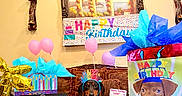 Hank Cadena joined the competition — help win amazing prizes! dog, dachshund, birthday, party, birthday_crown, tuxedo, balloons, gifts, gift_bag, tissue_paper, birthday_sign, cake, candles, coffee_cup, couch, living_room, table, reflection, decorations, celebration