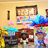 dog, dachshund, birthday, party, birthday_crown, tuxedo, balloons, gifts, gift_bag, tissue_paper, birthday_sign, cake, candles, coffee_cup, couch, living_room, table, reflection, decorations, celebration