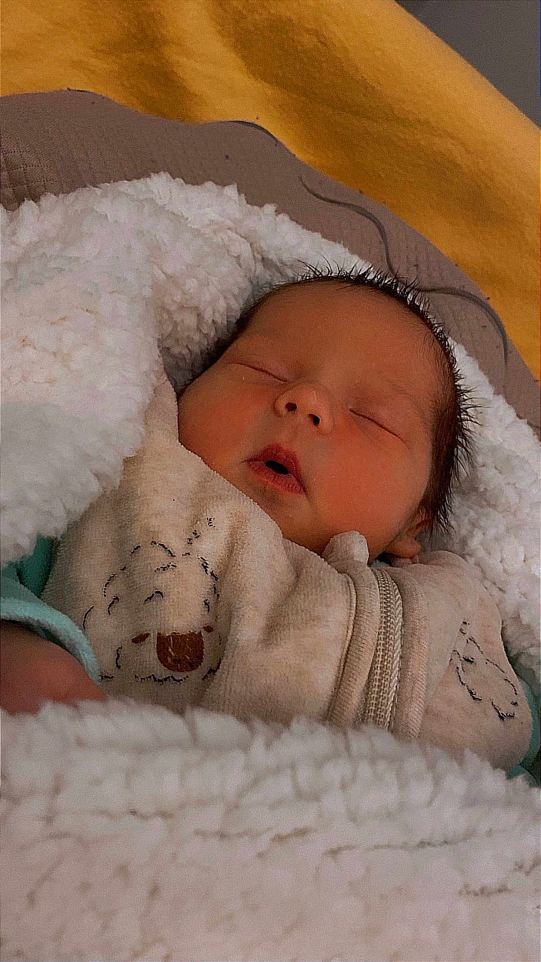 Elyo a rejoint le concours — aidez-le/la à gagner de superbes lots ! baby, newborn, sleeping, blanket, onesie, sheep_print, cozy, soft, portrait, face, eyelashes, hair, bed, comforter, zipper, fabric, indoor, closeup, peaceful, infant