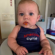 Lainey is registered to the contest to win money with this photo: baby, child, face, blue_eyes, food_on_face, high_chair, tank_top, sitting, indoor, curious, cute, chubby_arms, person, infant, casual_clothing, home, portrait, expression, closeup, feeding_time