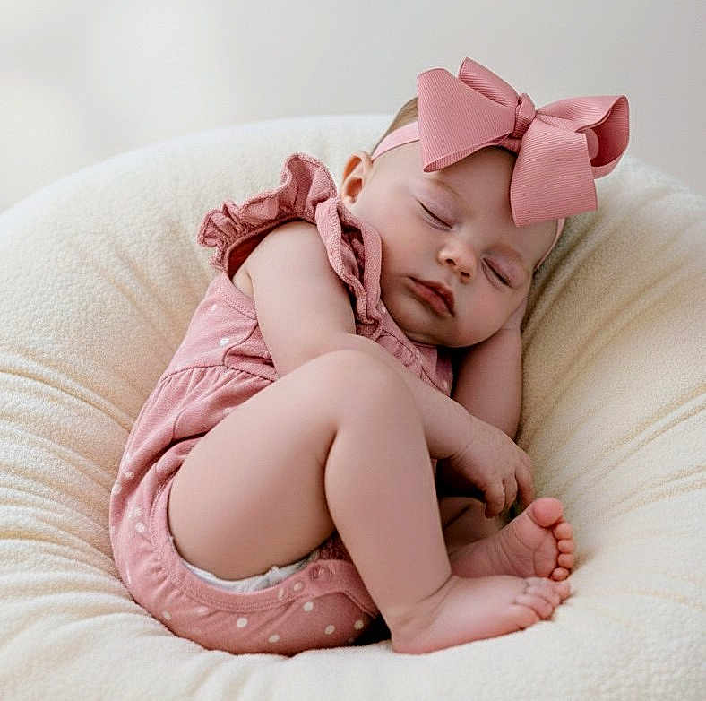 Charley is registered to the contest to win money with this photo: baby, child, closed_eyes, cushion, cute, headband, indoors, infant, peaceful, pink_bow, polka_dot, portrait, relaxed, resting, romper, sleep, sleeping, small_feet, soft_texture, toddler