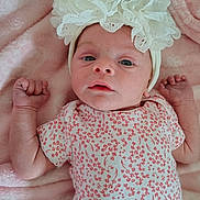 Charley joined the competition — help win amazing prizes! baby, infant, headband, floral_clothing, pink_blanket, lying_down, cute, newborn, soft_texture, small_hands, face, eyes, expression, portrait, child, adorable, sleepwear, closeup, skin, resting