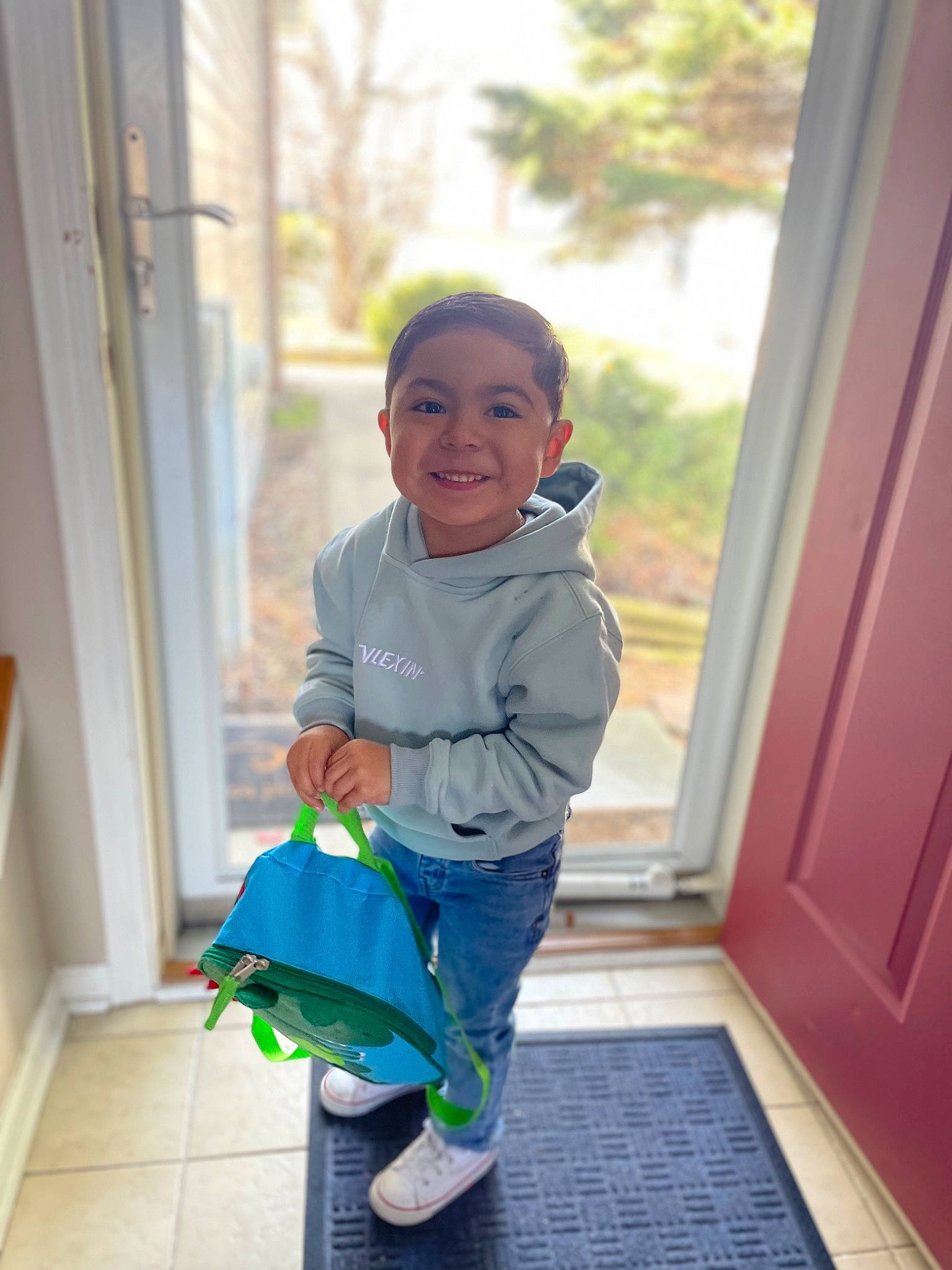 Jaylen joined the competition — help win amazing prizes! baby_toddler_clothing, child, denim, door, electric_blue, floor, flooring, happy, jeans, joy, leaf, leg, person, purple, sleeve, smile, sneakers, standing, t_shirt, toddler