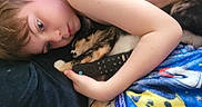 Phoebe joined the competition — help win amazing prizes! child, cat, calico_cat, cuddling, sleeping, indoors, bedroom, blanket, remote_control, couch, portrait, face, arms, brown_hair, cozy, relaxed, pet, domestic_animal, colorful_blanket, family