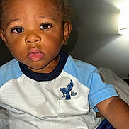Kanan is registered to the contest to win money with this photo: child, toddler, face, portrait, indoor, lamp, bed, clothing, blue, white, whale, cute, expression, eyelashes, skin, person, sitting, young, curious, lighting