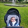 baby, bench, casual, child, clothing, daytime, fountain, grass, greenery, headwear, infant, nature, outdoor, park, playful, relaxed, seatbelt, smile, stroller, trees