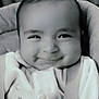 baby, baby_clothes, black_and_white, car_seat, child, closeup, clothing, cute, face, happy, indoors, infancy, infant, person, portrait, seat, sitting, smiling, straps, young_child