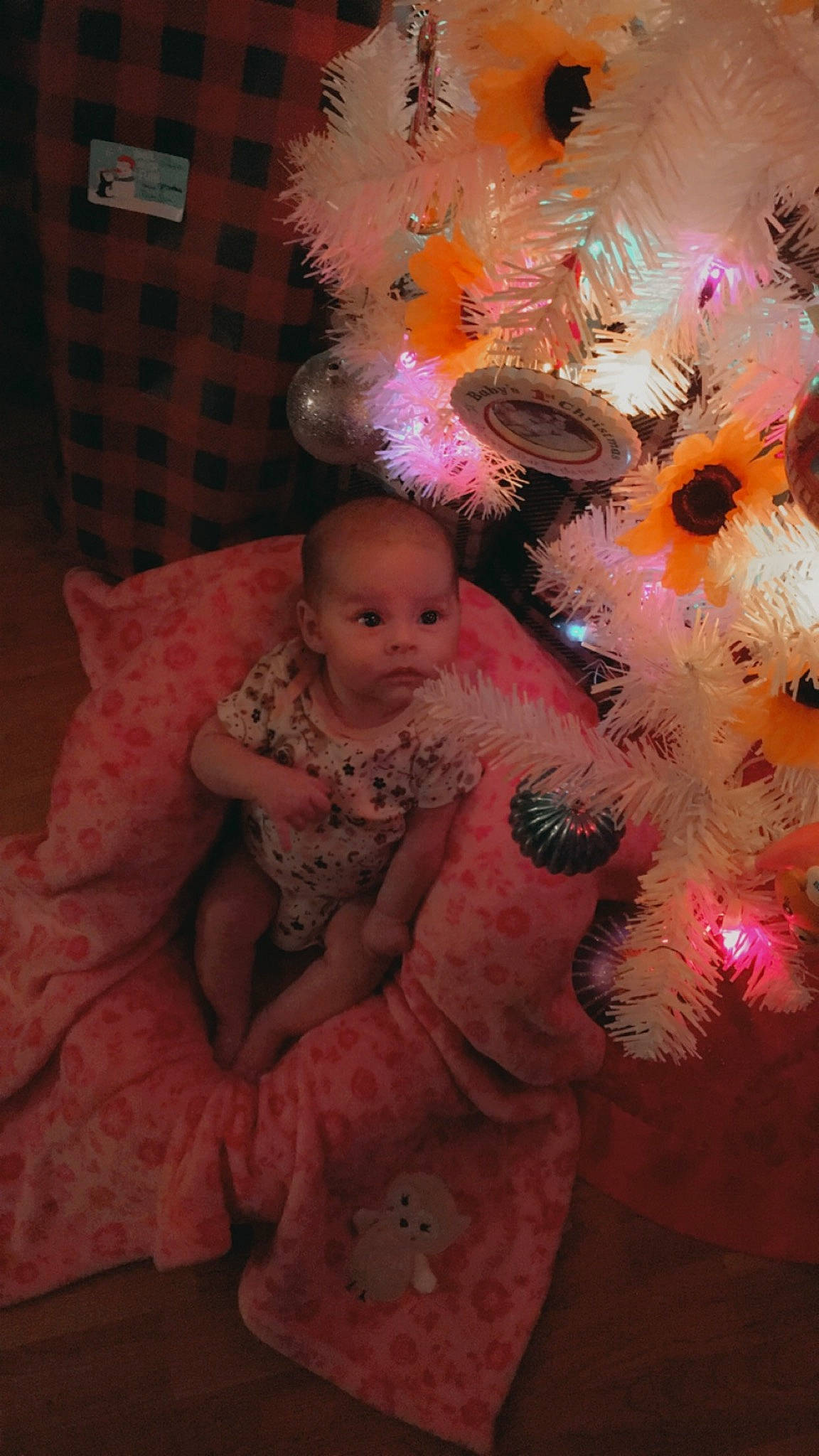 Kaycelynn is registered to the contest to win money with this photo: baby, baby_toddler_clothing, box, christmas_tree, doll, fur, natural_material, ornament, peach, person, pink, toy