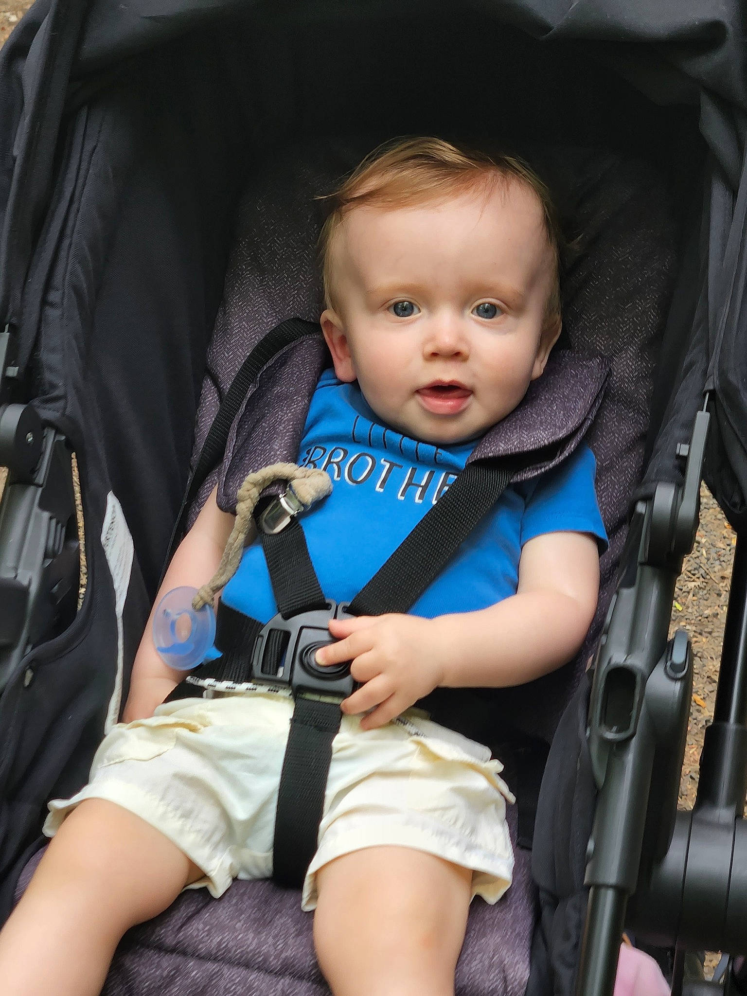 Brixton is registered to the contest to win money with this photo: auto_part, baby, baby_carriage, baby_products, baby_safety, baby_toddler_clothing, car_seat, chair, child, comfort, electric_blue, facial_expression, fun, person, product, sitting, strap, thigh, toddler, vacation