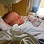newborn, baby, infant, sleeping, blanket, hospital, medical, oxygen_tube, nasal_cannula, bed, resting, cozy, soft_focus, indoor, person, child, healthcare, care, pediatric, peaceful