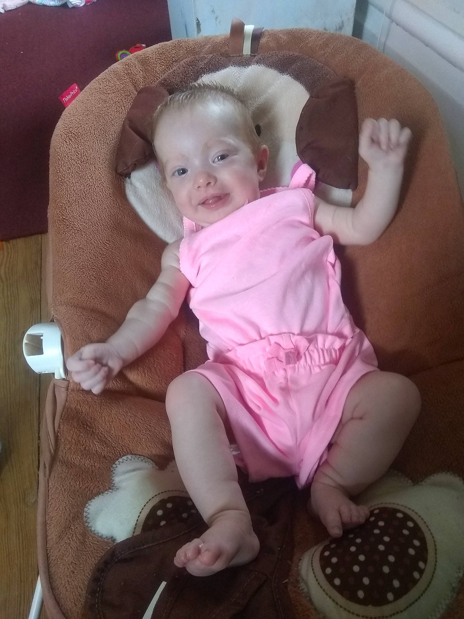 Angela is registered to the contest to win money with this photo: baby, baby_in_car_seat, baby_products, child, comfort, person, pink, product, skin, toddler