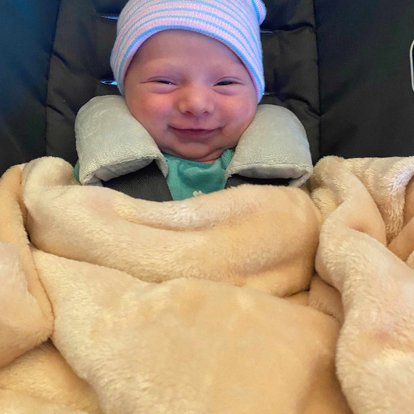 Kadence is registered to the contest to win money with this photo: architecture, baby, blanket, building, cap, clothing, face, furniture, glove, happy, hat, head, hospital, newborn, person, photography, portrait, quilt, sleeping, smile