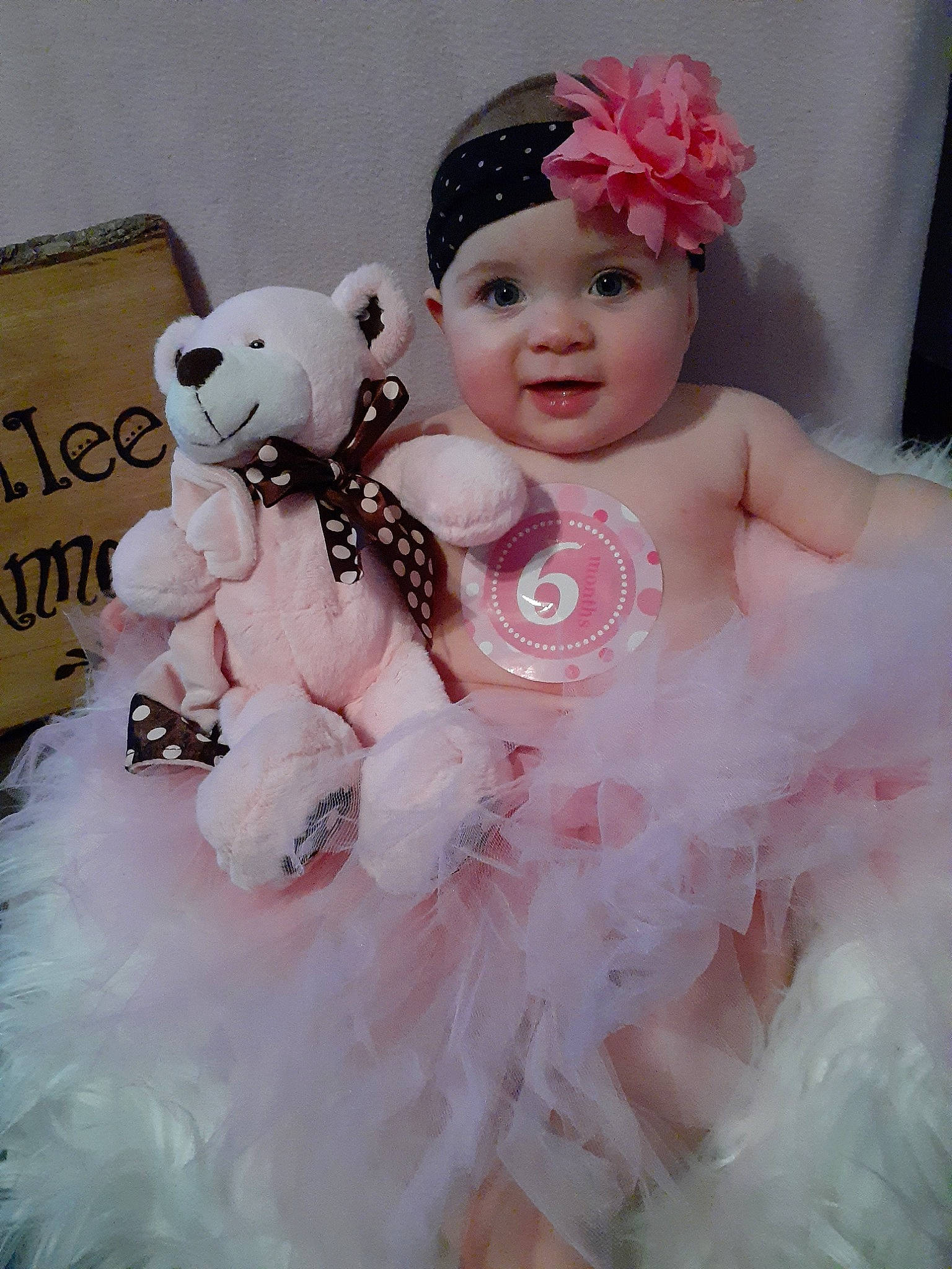 Kenlee joined the competition — help win amazing prizes! baby, ballet_tutu, child, costume, costume_accessory, dress, fur, hair_accessory, headgear, headpiece, headwear, person, pink, skin, stuffed_toy, teddy_bear, toddler, toy, white