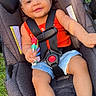 Taliyah is registered to the contest to win money with this photo: baby, barefoot, bow_headband, car_seat, child, close_up, denim_shorts, female_baby, grass, happy, infant, outdoor, pacifier, photography, portrait, red_shirt, safety_harness, sitting, smiling, toy