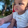 baby, child, infant, portrait, outdoor, nature, trees, bokeh, sunlight, close_up, face, eyes, curious, sitting, white_shirt, short_sleeves, diaper, barefoot, drool, photography