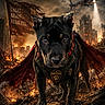 action, animal, badge, brave, cape, courageous, dark, dog, dramatic, fearless, fire, flag, helicopter, hero, intense, loyal, portrait, post_apocalyptic, puppy, ruins