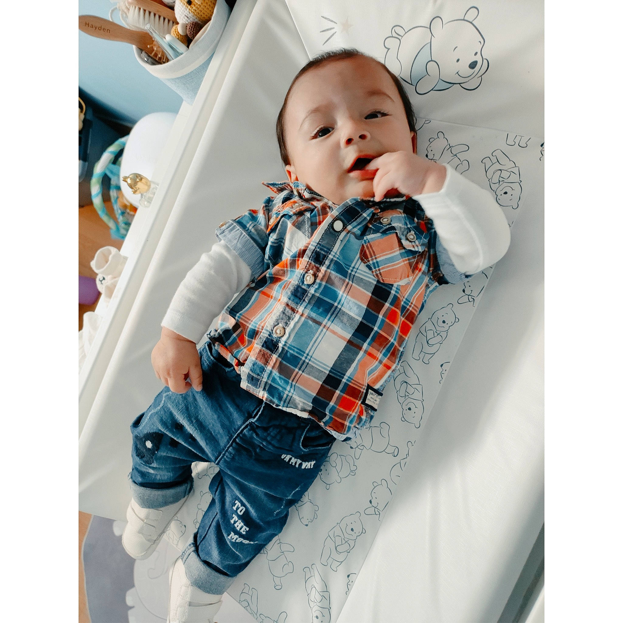 Hayden participe au concours pour gagner de l'argent avec cette photo : baby, baby_toddler_clothing, collar, comfort, denim, dress_shirt, electric_blue, font, happy, linens, orange, pattern, person, plaid, product, shirt, sleeve, smile, t_shirt, textile